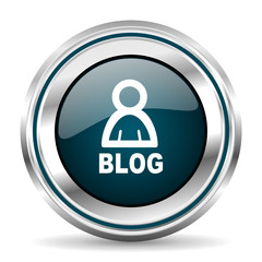 Blog vector icon. Chrome border round web button. Silver metallic pushbutton.