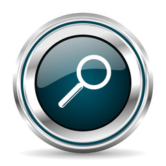 Glass vector icon. Chrome border round web button. Silver metallic pushbutton.