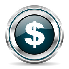 Us Dollar vector icon. Chrome border round web button. Silver metallic pushbutton.