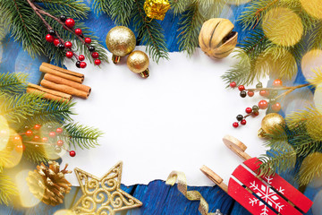 Christmas border with decoration on a wooden board