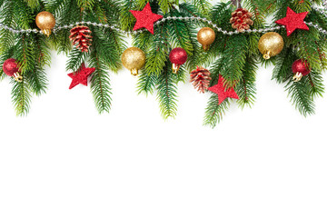Christmas border with trees, balls, stars and other ornaments, isolated on white