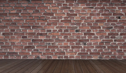 textured grey brick and stone wall with warm brown wooden floor inside old neglected and deserted interior, masonry and carpentry brickwork concept