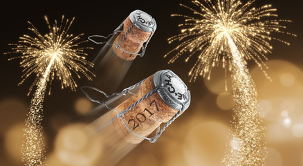 Fliegende Champagnerkorken mit Feuerwerk