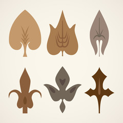 Decorative brown leaves pattern set isolated on white vector. Various shapes of green leaves. Elements for eco and bio logos