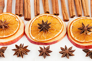 Christmas food - mulled wine background. Decorative frame of spice ingredients -  anise stars, cinnamon, dried oranges and wine on wood white surface. Top view.