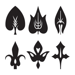 Decorative black leaves pattern set isolated on white vector. Various shapes of green leaves. Elements for eco and bio logos