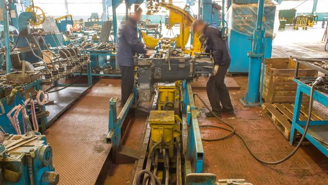 Tractor engine assembled on the factory production line on tractor factory timelapse