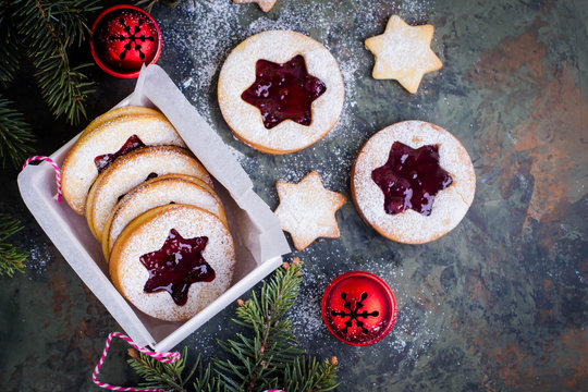 Christmas Or New Year Homemade Sweet Present In White Box Traditional Austrian Christmas Cookies Linzer Biscuits Filled With Red Raspberry Jam Festive Decoration Top View Buy This Stock Photo And