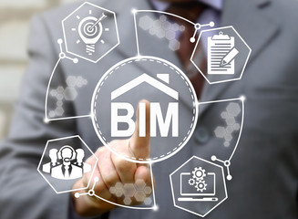 businessman touched bim icon. Building informatiion modelling sign. Build, communication, network, construction, architecture concept, technology, laptop, teamwork, bulb, development, report, design.