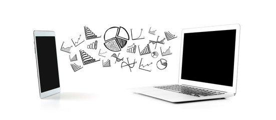 Financial and business icon connection beetween a tablet and a t