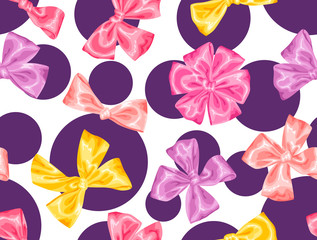 Seamless pattern with decorative delicate satin gift bows and ribbons