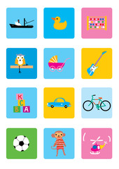 Children toys set. Duck, ship, bicycle, car, guitar icons. vector