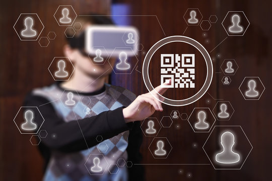 Businessman touch button qr code barcode product in virtual reality device VR