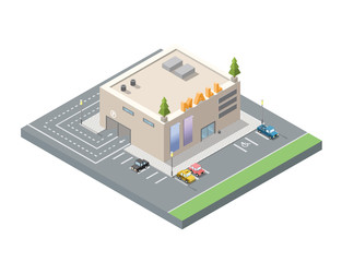 Vector isometric low poly mall, shopping centre with underground car parking.