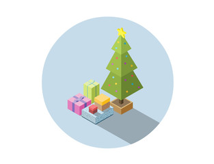Vector isometric illustration of christmas tree with gifts.