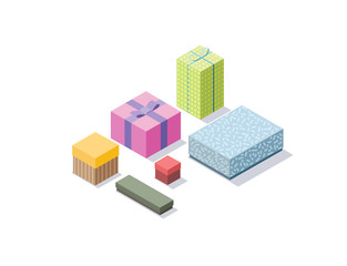 Vector isometric set of colorful gift boxes, 3D flat design present.