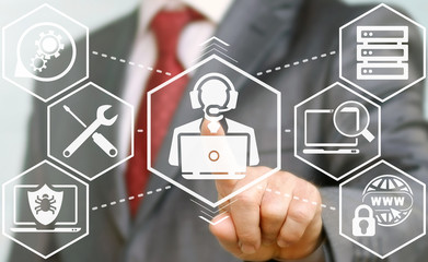 Business, finance, internet concept - businessman presses support icon. Businessman touched repairer sign with laptop and headset. Network, technician, technical. Customer service for apps, websites.