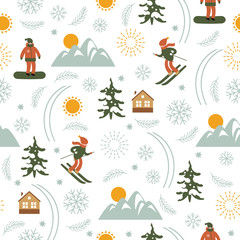 Christmas illustration, Ski Resort, Seamless pattern

