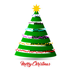 Stylized ribbon Christmas tree with yellow star. Vector illustration. Isolated on white.