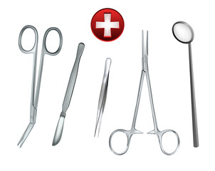 Vector medical tools set on white background, scalpel, scissors, forceps, dentist mirror, surgical equipment 