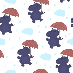 Cute hippo with an umbrella in cartoon style. pattern.