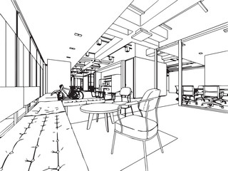 interior outline sketch drawing perspective of a space office