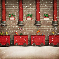 Holiday greeting card for Christmas or New year Santa's work shop and the red train gift 