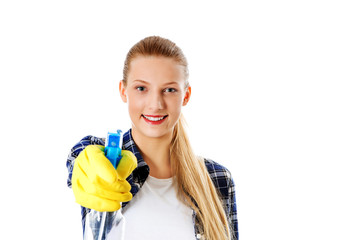 Cleaning concept. Young woman cleaninc.