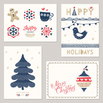 Merry Christmas and Happy New Year greeting cards. Vector illustration.
