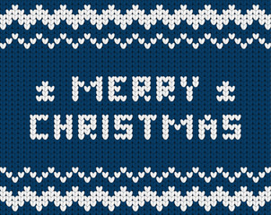 Knitted dark blue Merry Christmas pattern, Christmas greeting card
