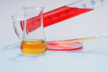 Measuring Cylinders, Glass Mug and pipette with liquids in laboratory
