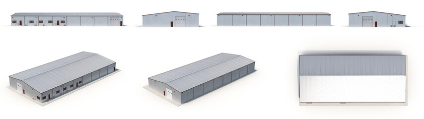 Office and Storage Warehouse Building renders set from different angles on a white. 3D illustration - 127799956