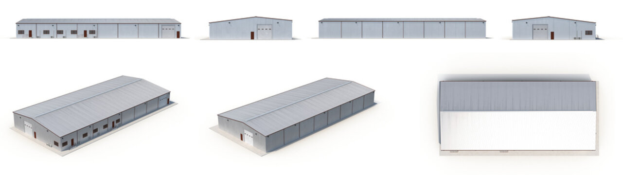 Office and Storage Warehouse Building renders set from different angles on a white. 3D illustration