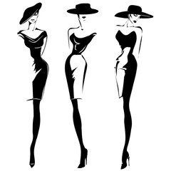 Black and white retro fashion models set in sketch style. Hand drawn vector