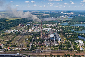 Aerial view of the thermal power plant, only coal-fired power station in Ukraine