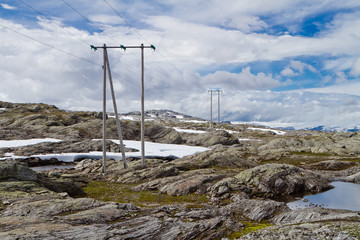 High-voltage line with wooden electric poles in the nordic mountain landscape