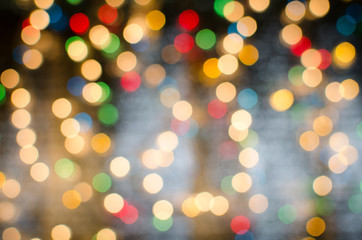 Christmas card. Bright blurred defocused Xmas lights background with copyspace, your text space.