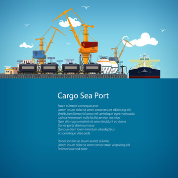 Unloading Oil or Liquids from the Tanker Ship, Sea Freight Transportation, Cargo Transport, Port Warehouses and Cranes and Railway Tank Cars, Poster Brochure Flyer Design, Vector Illustration