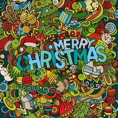 Merry Christmas hand lettering and doodles elements background. 