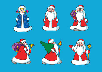 Santa Claus and snow girl. New Year characters on a blue background. Christmas characters on a blue background. Santa Claus with bag, with magic staff, with Christmas tree. 