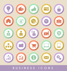 Set of Business Icons on Colored Buttons. Vector Isolated Elements.