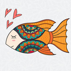 Cute decorative orange  ornamental Fish falls in love. vector doodle illustration