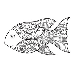 Decorative fish drawing with abstract ornaments. Hand drawn doodle outline fish illustration.