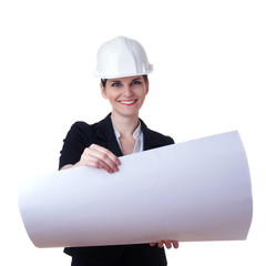 Smiling businesswoman standing over white isolated background