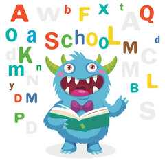Funny Monster Read Book On A White Background. Cartoon Vector Illustrations. Back to School Theme. Colored Letters Vector. Cartoon Monster Mascot.