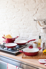 Fototapeta na wymiar modern red kitchen