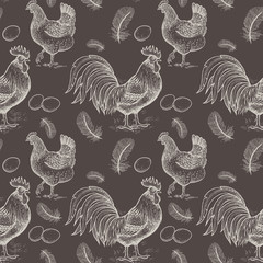 Seamless pattern with chickens and roosters. © marinavorona
