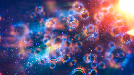 Abstract colorful defocused cells. Abstract microscopic forms on a dark background. Scientific illustration. Luminous