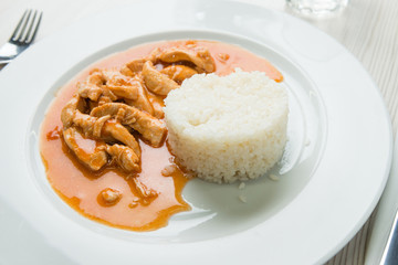 Chicken meat with sauce and rice
