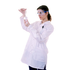 Female assistant scientist in white coat over  isolated background